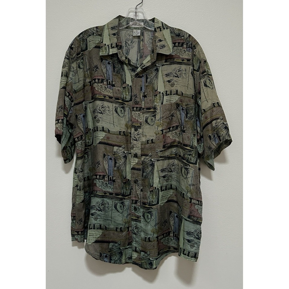 BLOOM Mens Silk Shirt Button Up Short Sleeves SIze L Pocket Artsy Design Fun